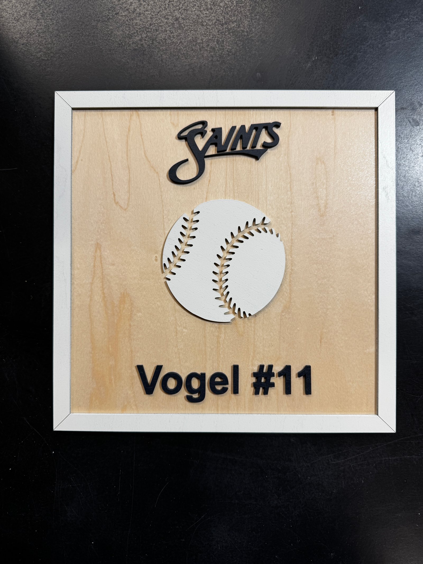 Layered wooden baseball plaque with personalized player details